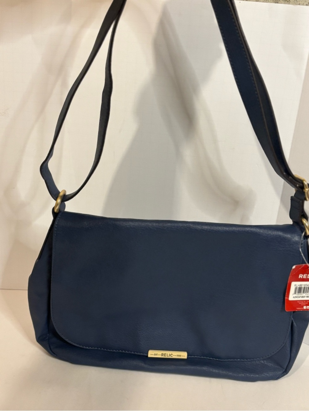 Relic Deep Blue Flap Shoulder Bag with Gold Plaque